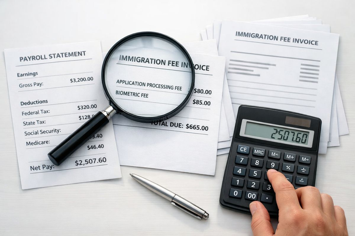A payroll stub beside a stack of immigration fee invoices, with one invoice being slid under a magnifying glass and a hand using a calculator to compare deductions against wage payment records