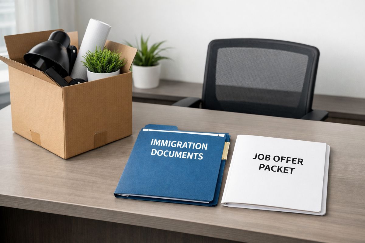 A cardboard moving box next to an empty office desk with a plant, a nameplate removed, and a folder of immigration paperwork beside a new job offer packet, suggesting an employer has ended sponsorship while the case is being transferred