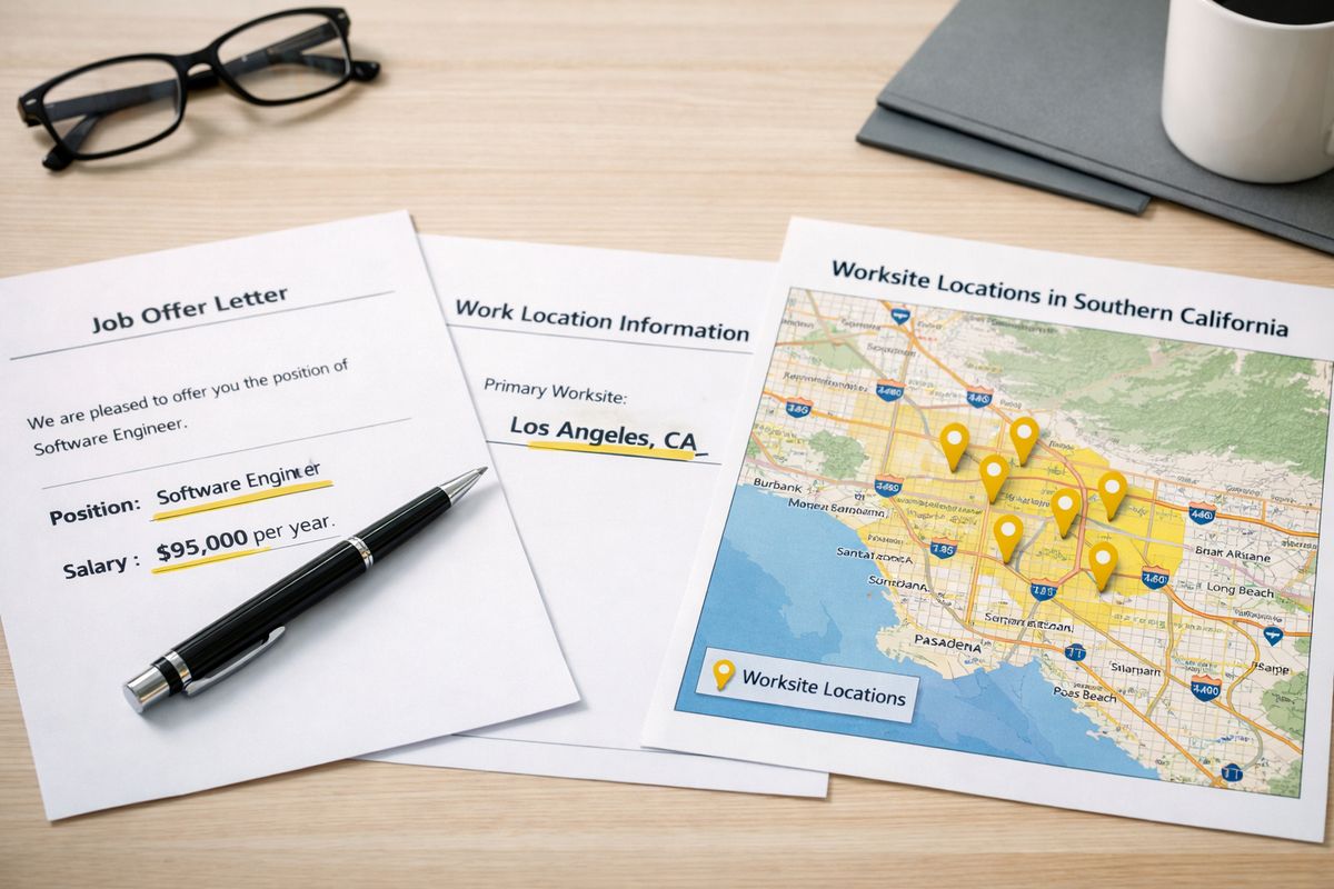 An immigration case review scene with a printed employment packet spread across a table, a pen marking the job title, salary, and work location pages, and a highlighted map showing multiple worksite locations across Los Angeles and nearby areas