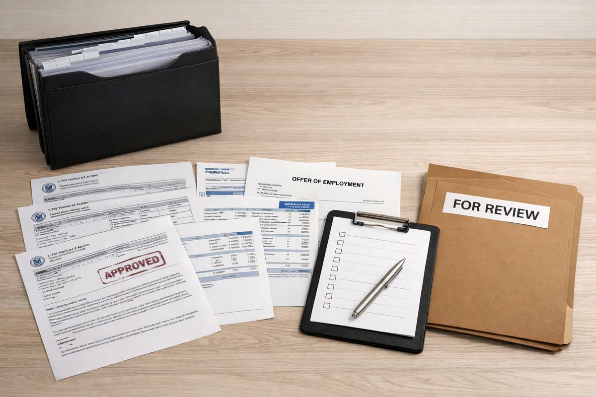 A file organizer with multiple immigration documents spread out in sequence, including approval notices, pay stubs, and offer letters, next to a clipboard and a neatly arranged folder marked for review, suggesting someone checking whether a case is delayed or frozen.