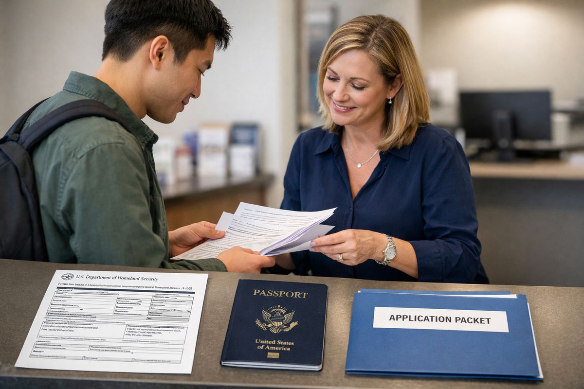 A student standing at a campus advising office counter reviewing a stack of immigration documents with a designated school official, while a printed I-20 form, a passport, and an application packet are arranged neatly on the counter in front of them