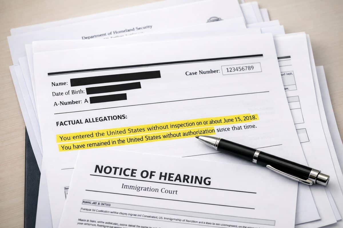 A stack of official immigration forms spread across a desk, with one form showing redacted personal details, a case number area, a section of factual allegations highlighted with a pen, and a separate hearing notice sheet placed partially underneath it