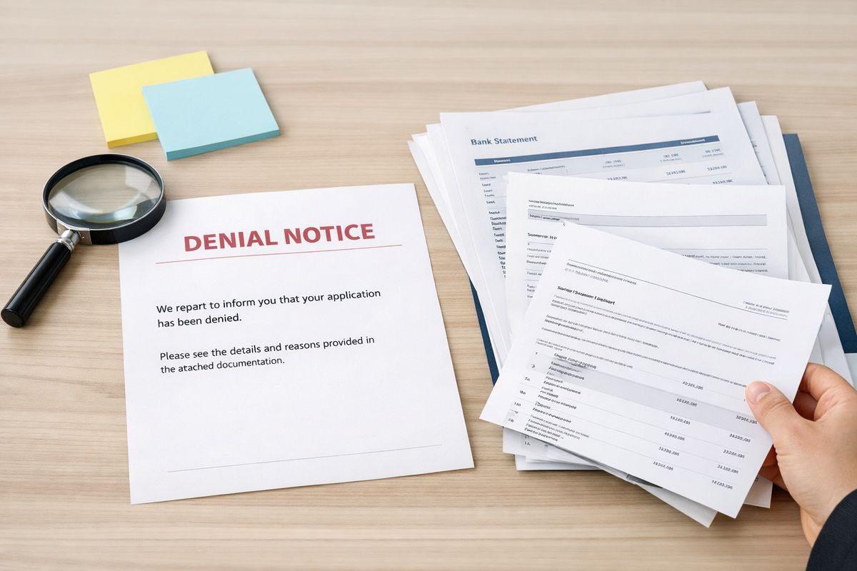 A denial notice opened on a desk beside a magnifying glass, sticky notes, a highlighter, and a stack of supporting records such as bank statements, employment letters, and travel itineraries being reviewed one by one