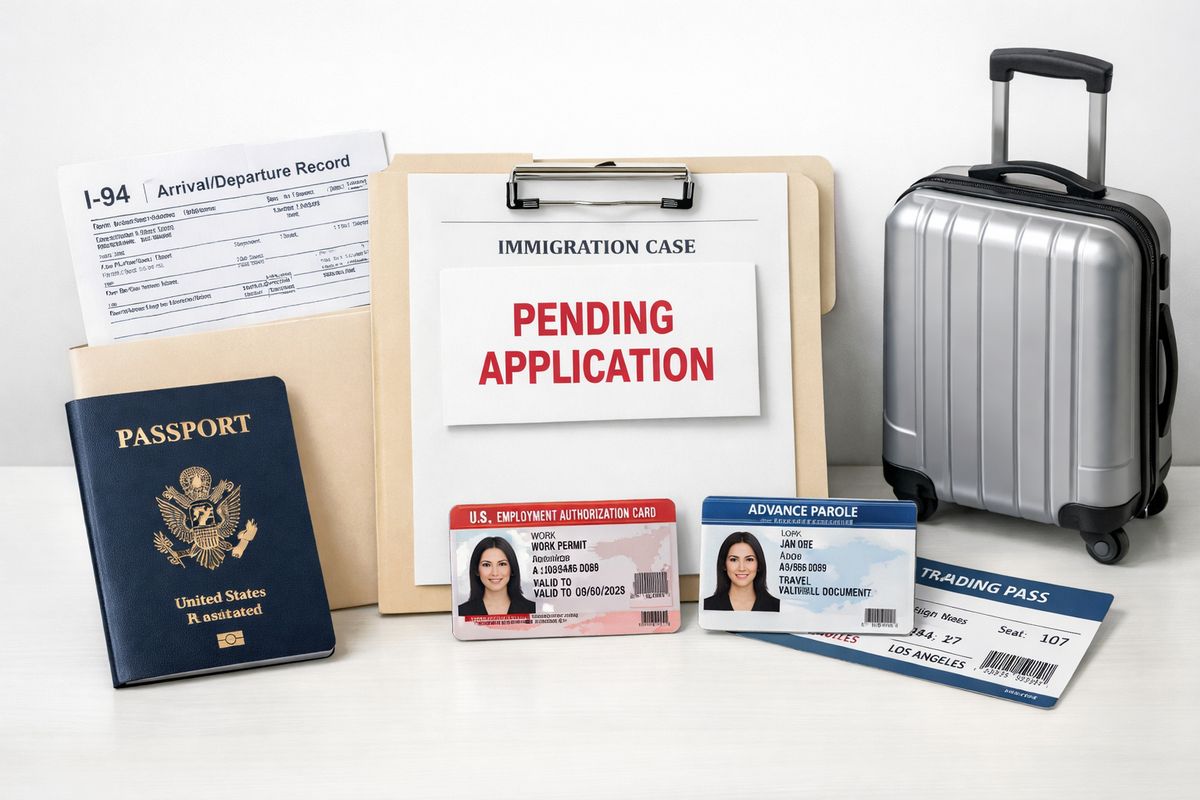 A passport, an I-94 document, a work permit card, and an advance travel document laid out beside a small suitcase and an airplane boarding pass, with one document clipped to a pending application file, showing the tension between staying and traveling while the immigration case is unresolved