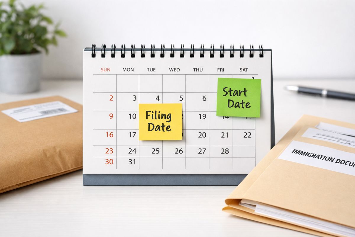 A calendar on a desk with a filing date and start date marked by sticky notes, beside a sealed courier envelope and a folder of immigration paperwork, suggesting the timing of when work can begin after a petition is filed