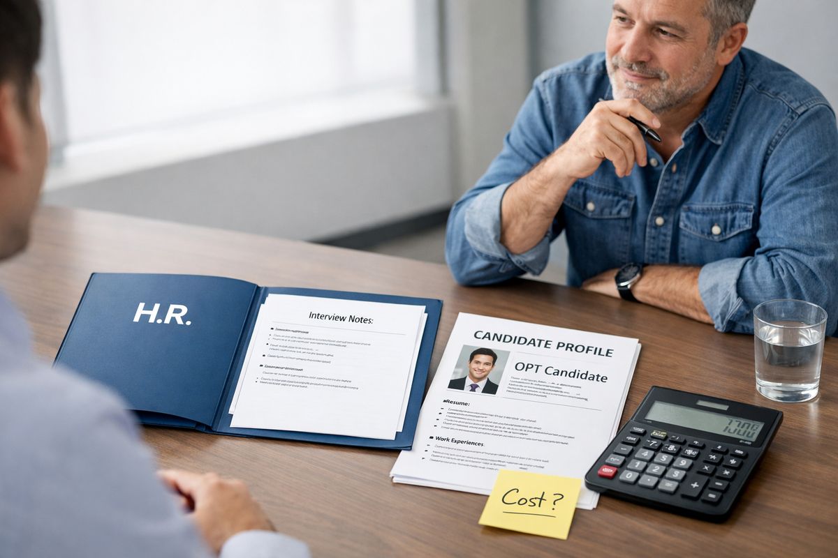 A hiring meeting scene with a small business owner, an HR folder open on a conference table, and a printed candidate packet beside a large calculator and a sticky note, suggesting the employer is weighing the cost of bringing on an OPT candidate