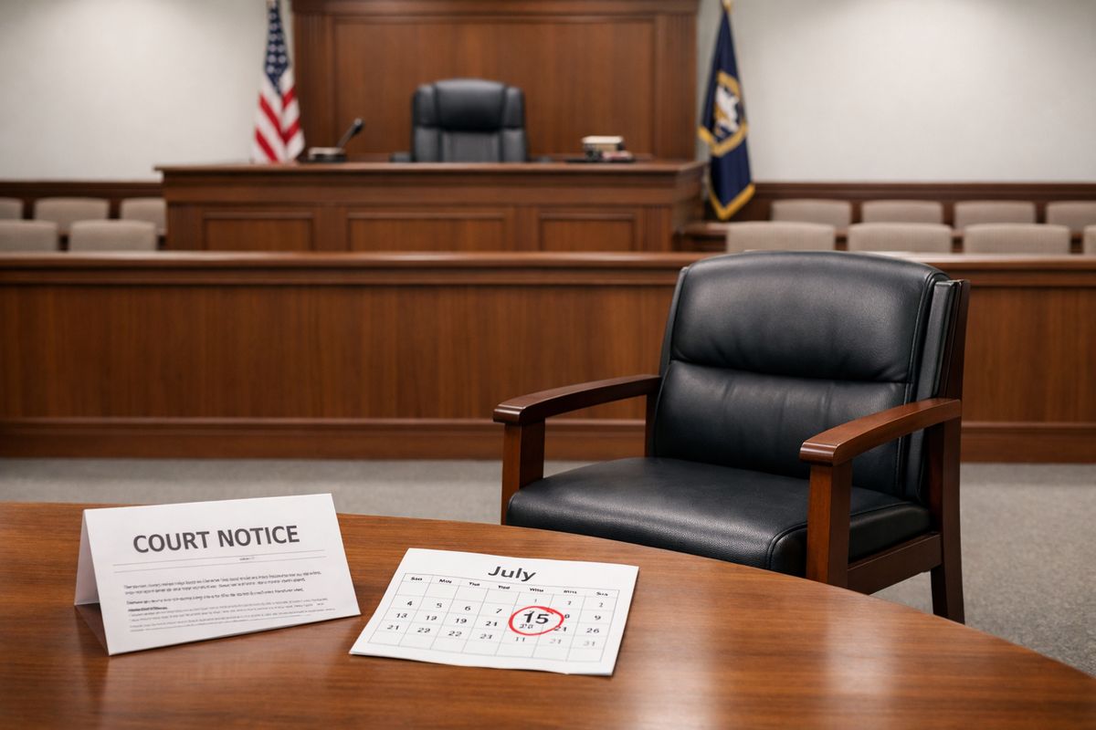 An empty courtroom gallery with a judge’s bench in the background and a single unoccupied respondent chair in the foreground, alongside a folded court notice and a calendar page marked on the date of the missed hearing